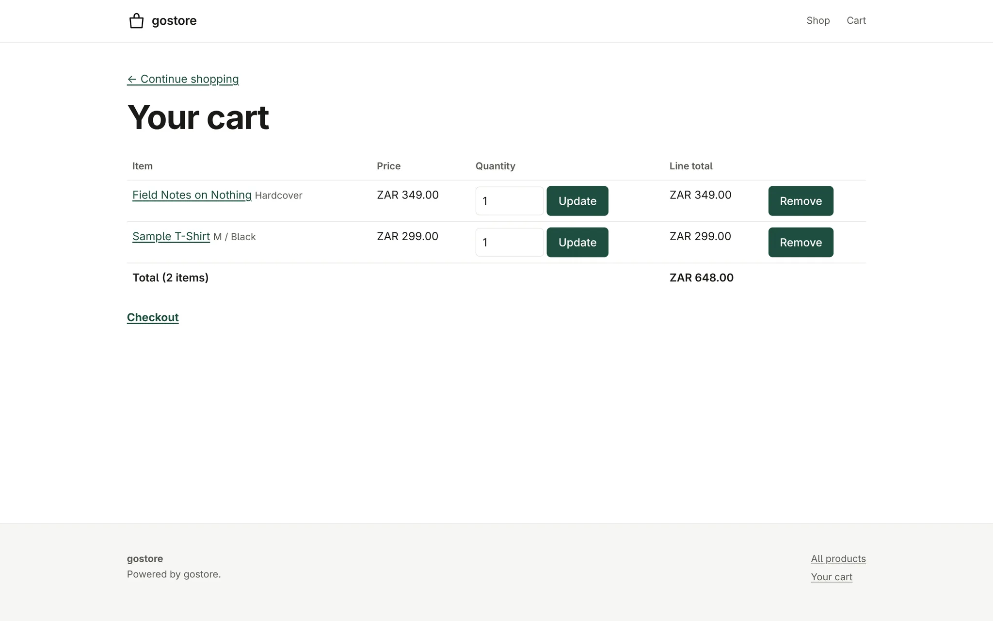 The cart: a hardcover book and a medium black t-shirt, each with a quantity field, Update and Remove buttons and a line total, above a total of ZAR 648.00 and a Checkout link.