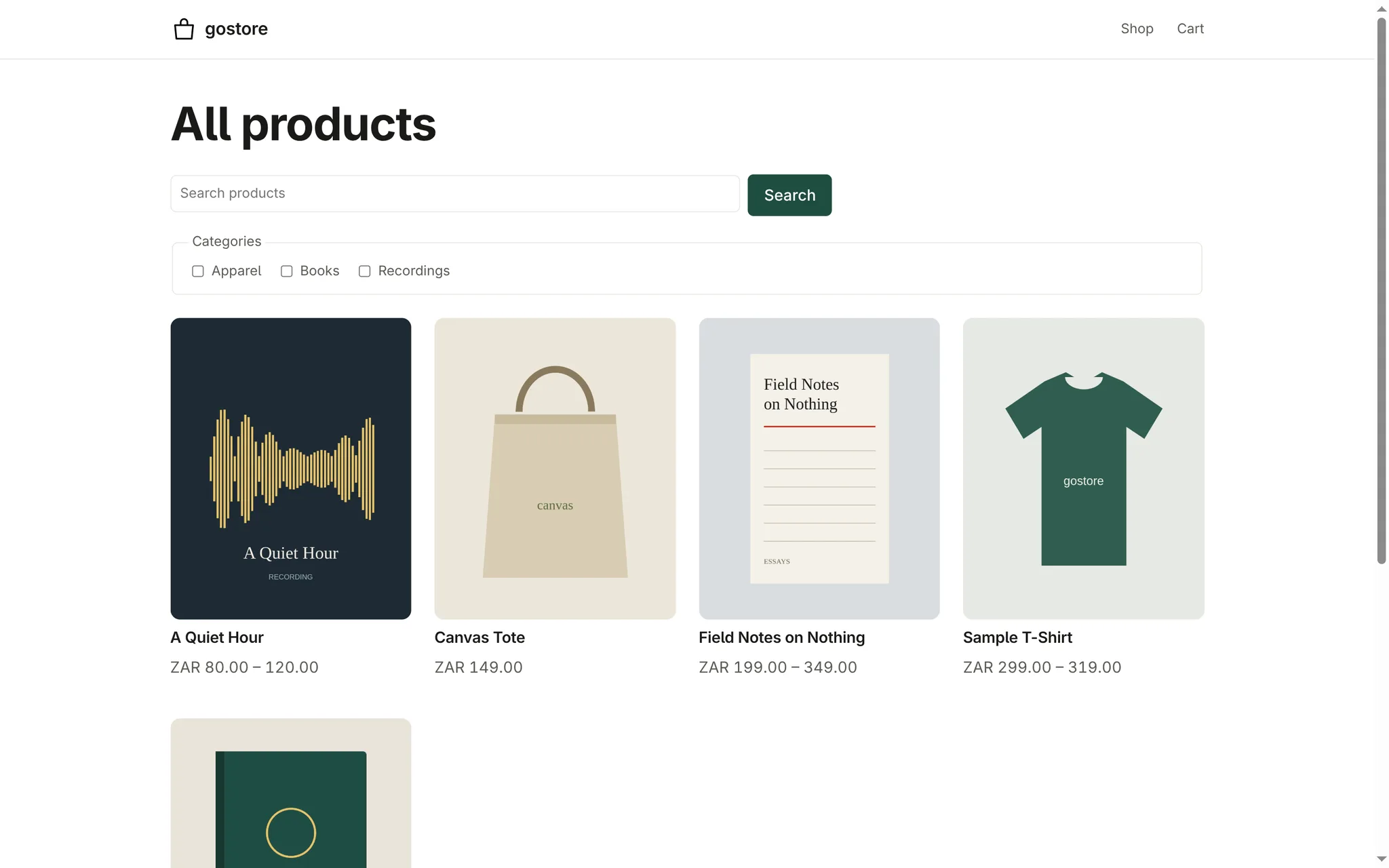 The storefront catalog: a search box, category checkboxes for apparel, books and recordings, and a grid of product cards — a recording, a canvas tote, a book and a t-shirt — each with its price or price range in rand.