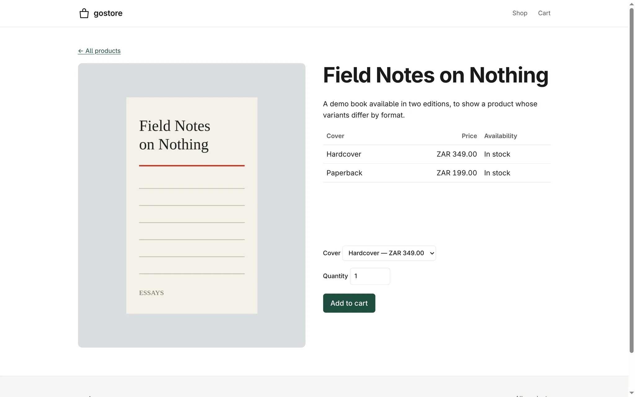 A product page for a book sold in two covers: the cover image on the left, and on the right a table of the hardcover and paperback with their prices and stock, a cover selector, a quantity field and an Add to cart button.