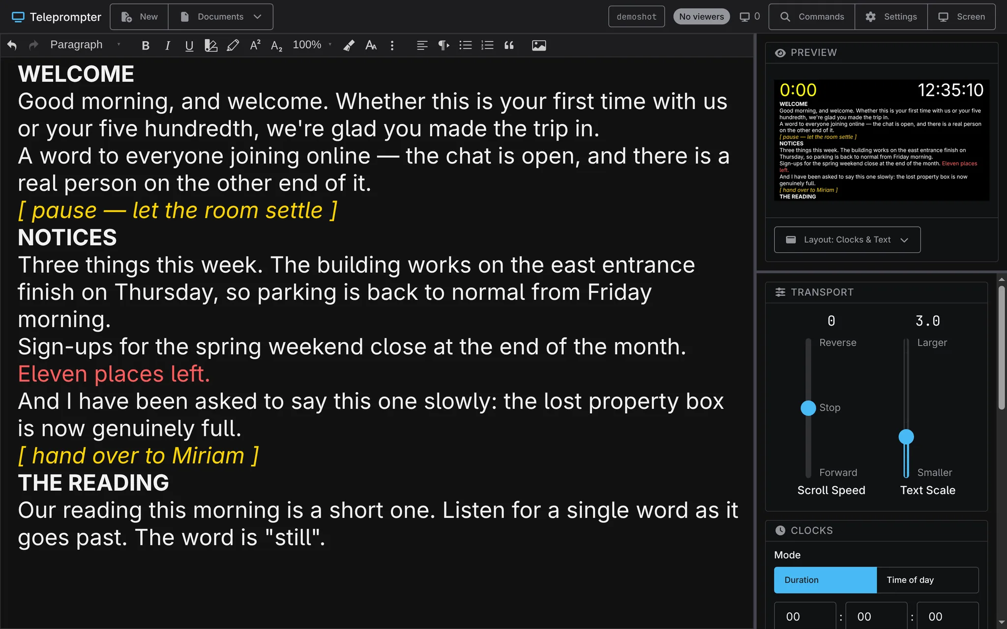 The control page: a formatted script in the editor on the left with bold section headings and yellow italic stage directions, and a sidebar holding a live preview of the viewer, scroll speed and text size sliders, and a countdown clock.