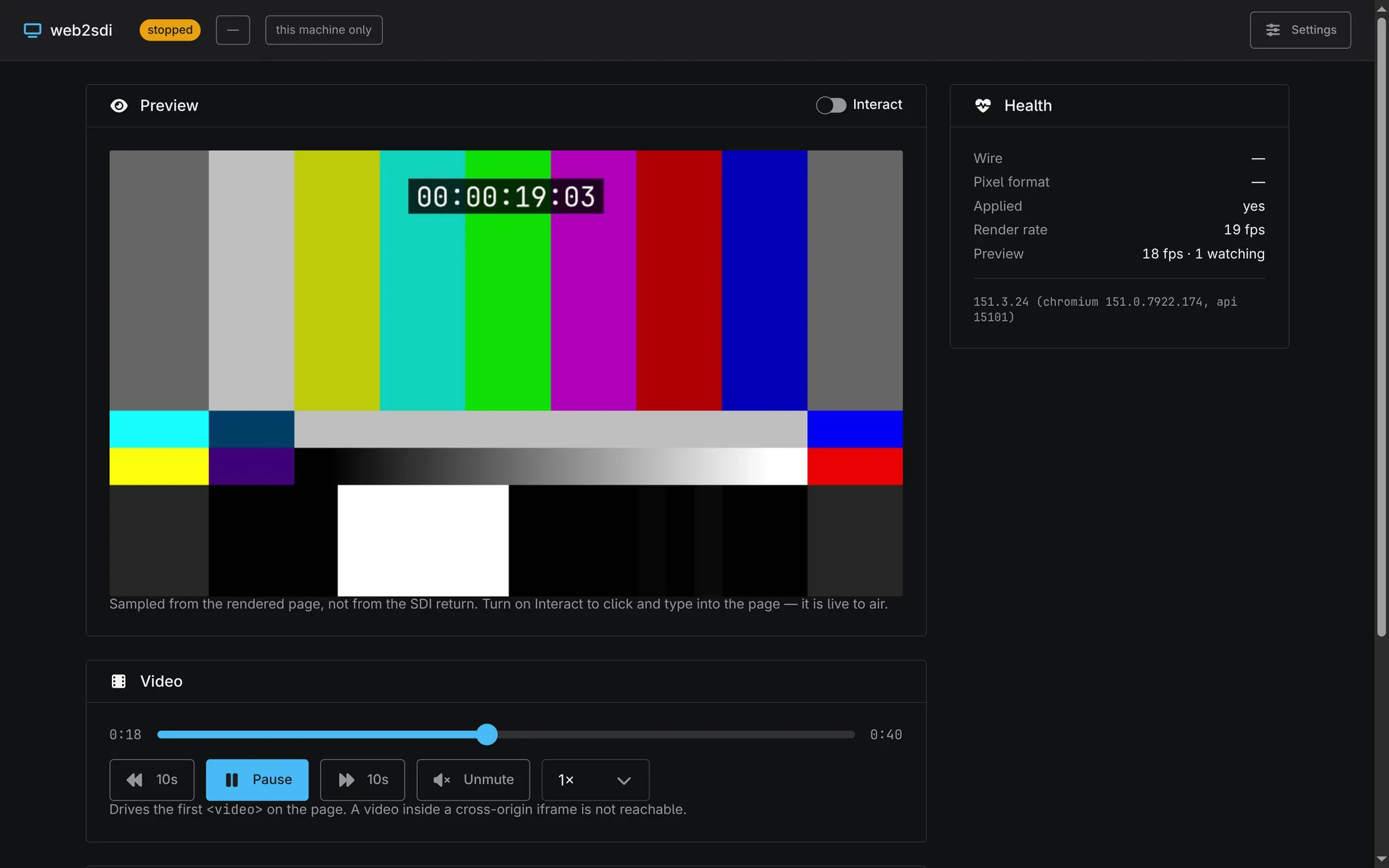 The web2sdi control page: a live preview of SMPTE colour bars with a running timecode, a Health panel beside it, and video transport controls below it: seek bar, skip, pause, mute and playback rate.
