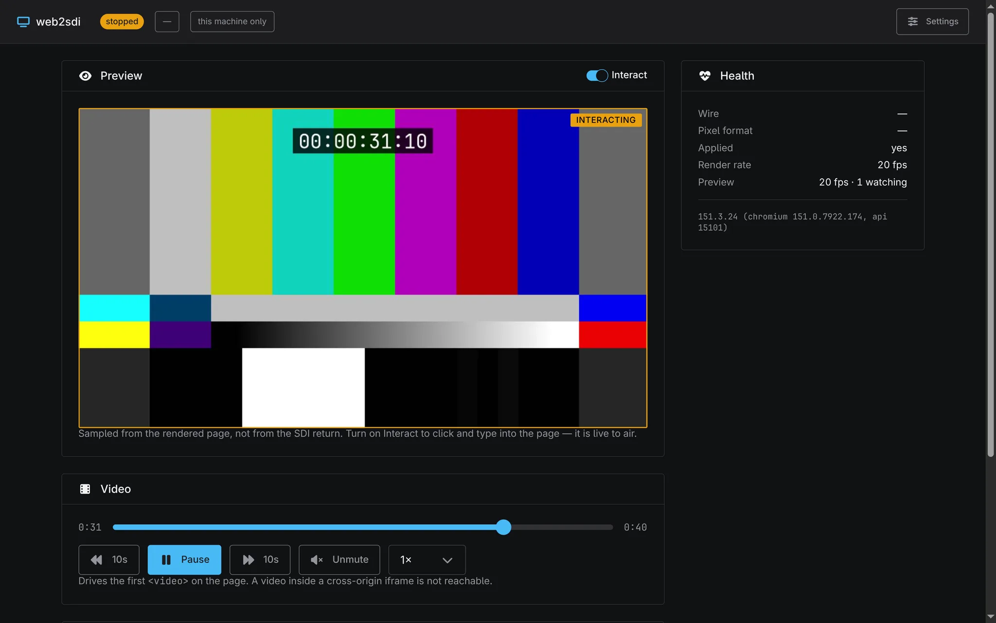 The colour-bar preview with Interact switched on: an amber outline around the picture and an INTERACTING badge in its corner.