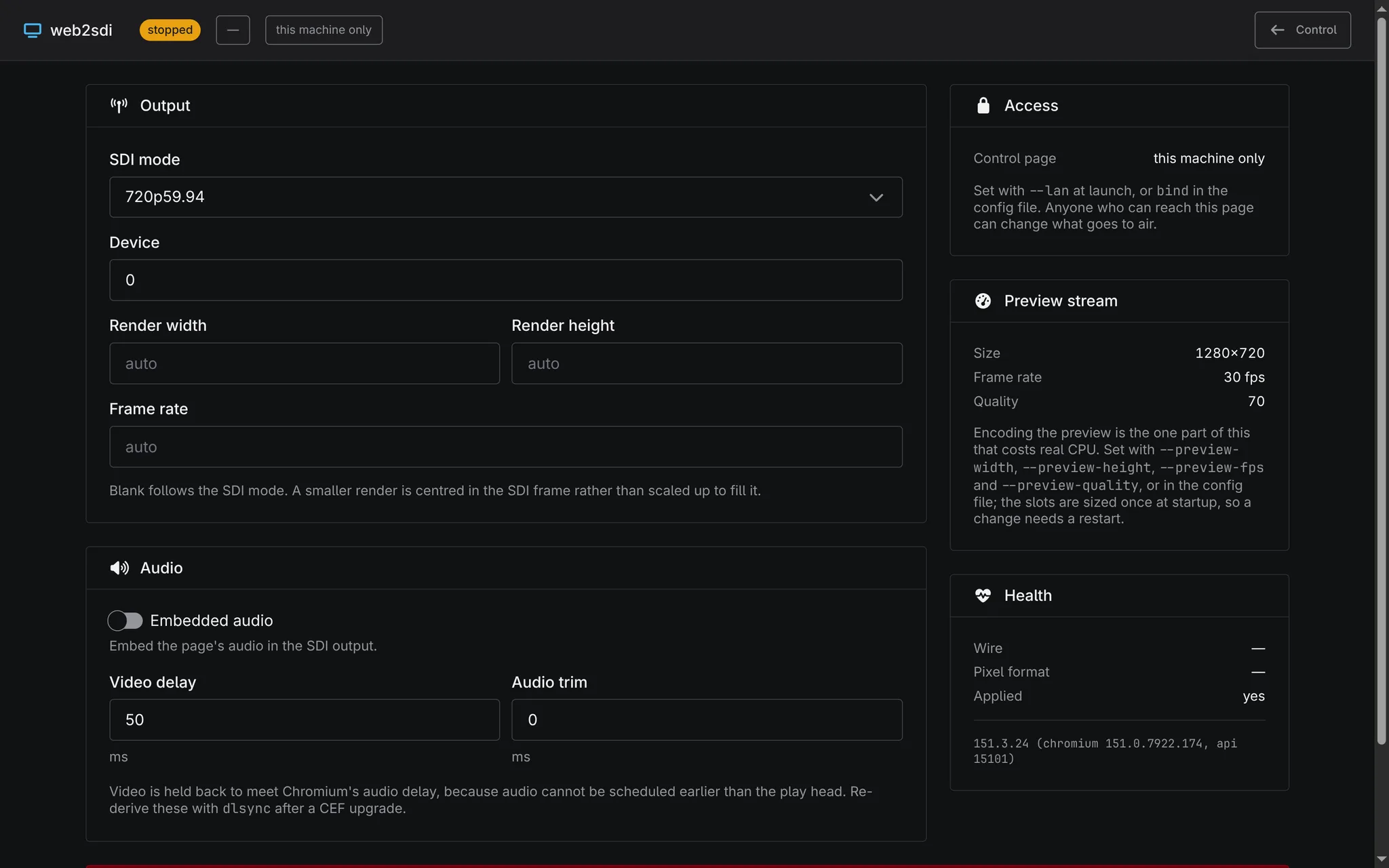 The settings page: SDI mode, device, render size and frame rate; an embedded-audio switch with video delay and audio trim; and cards for access, the preview stream and health.